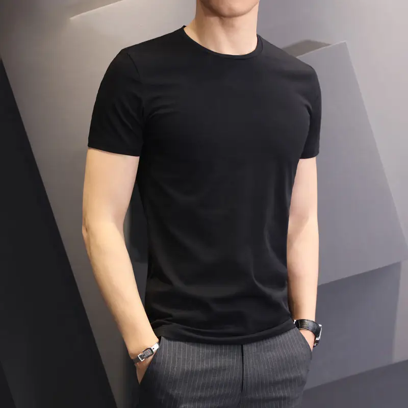 Men Black Slim Fit T-Shirt Short Sleeve Round Neck - Image 2