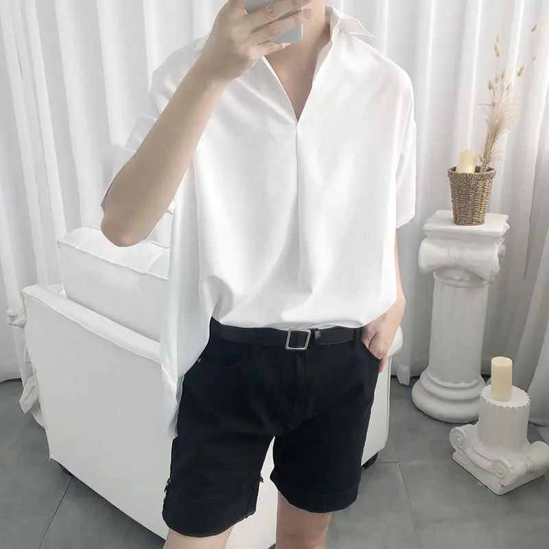 White Korean Style Short Sleeve Shirt for Men - Image 6