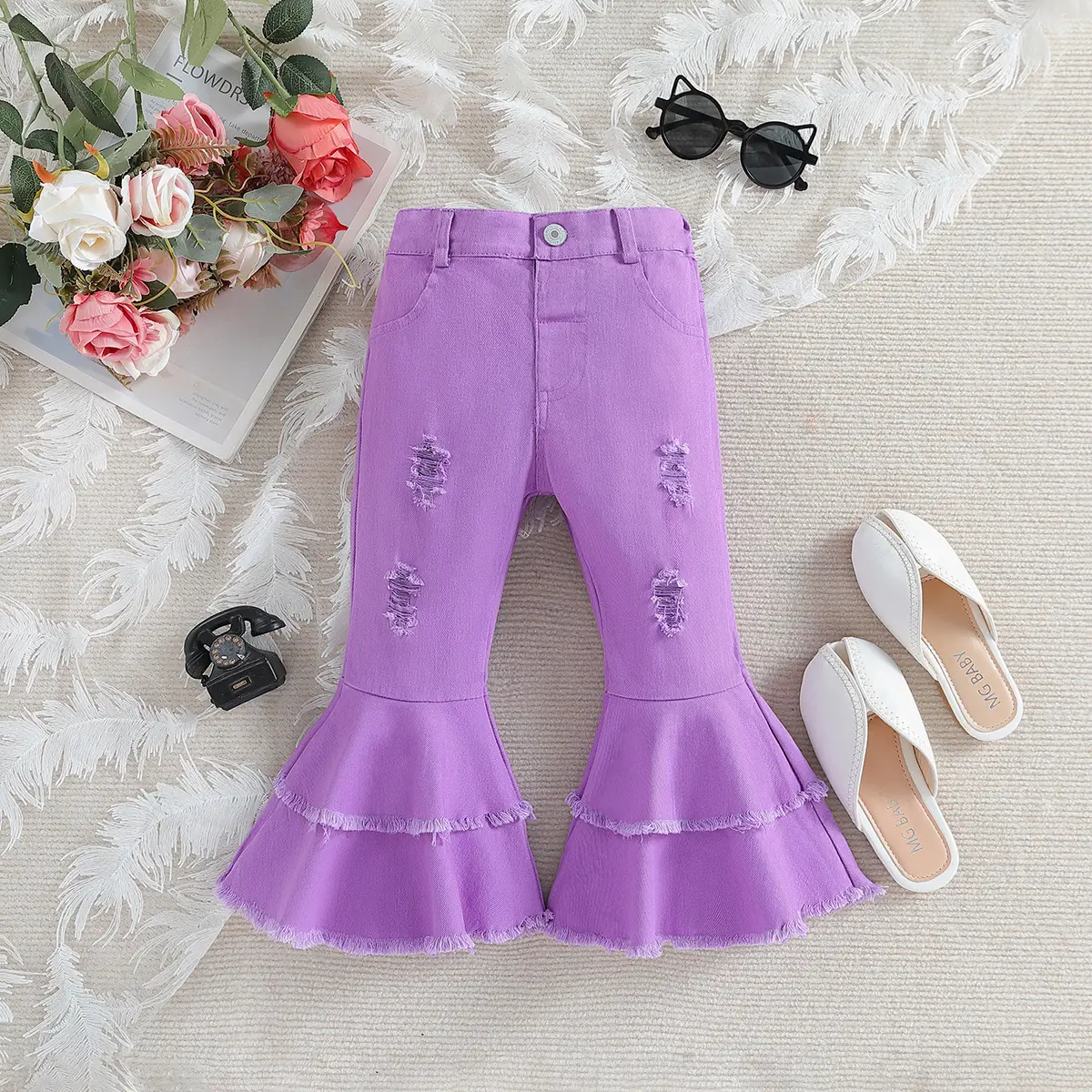Girls Tie-dye Flared Jeans Leopard Print Ripped Pants - Image 10