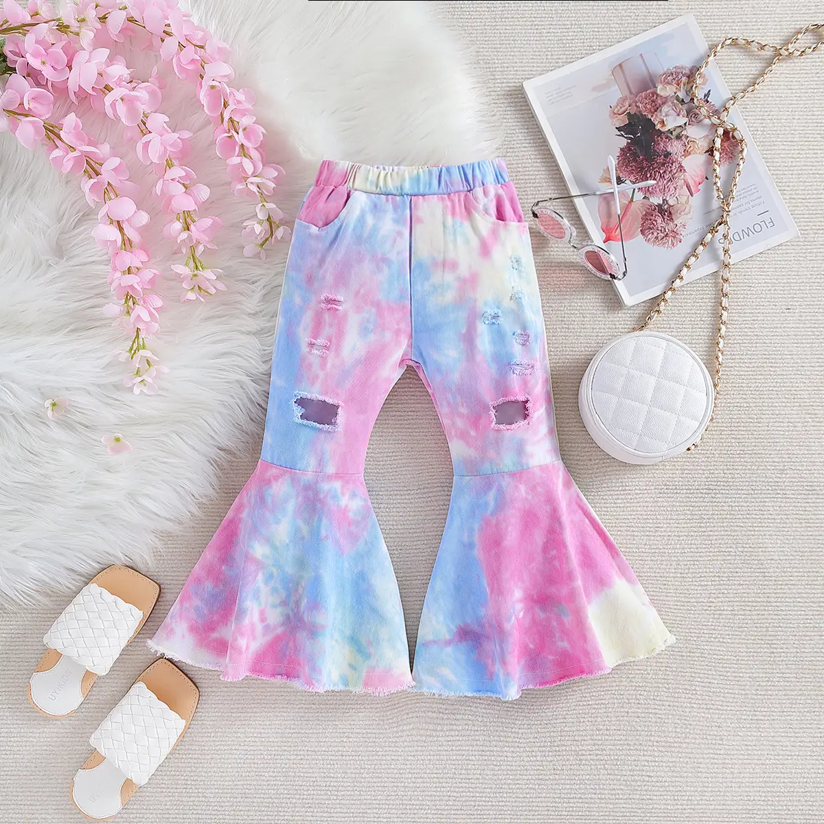Girls Tie-dye Flared Jeans Leopard Print Ripped Pants - Image 2
