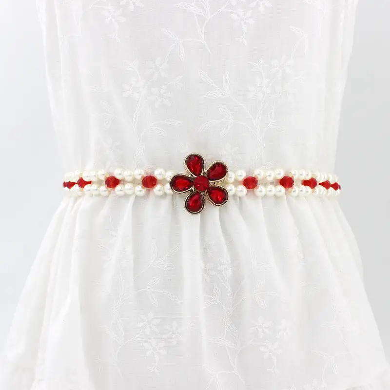 Red Flower Pearl Buckle Belt for Women