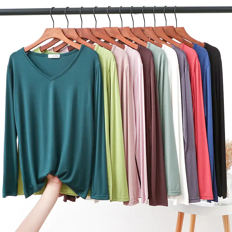 2021 V Neck Long Sleeve Blue T-Shirt Women