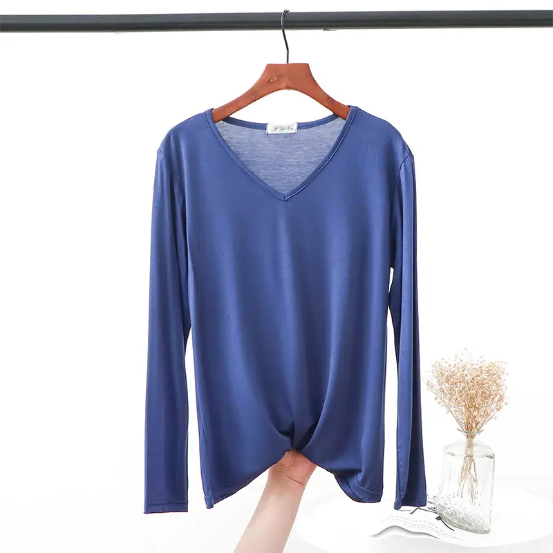 2021 V Neck Long Sleeve Blue T-Shirt Women