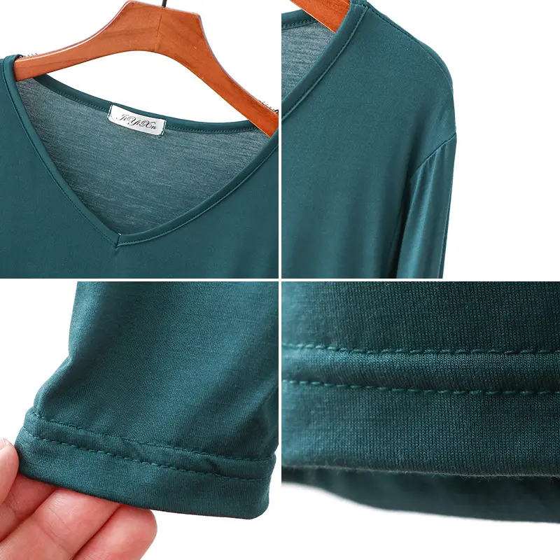 2021 V Neck Long Sleeve Blue T-Shirt Women
