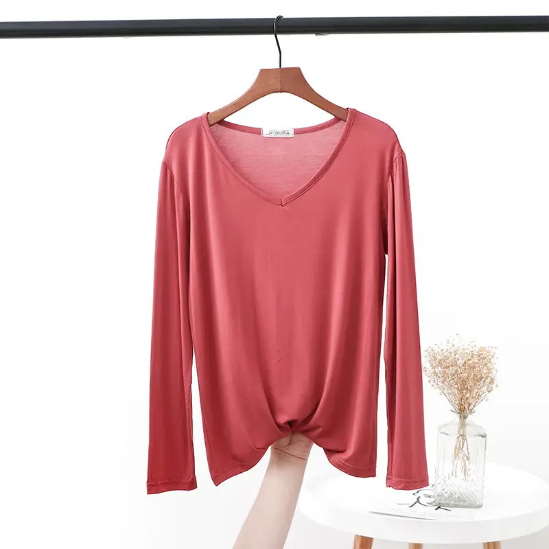 2021 V Neck Long Sleeve Blue T-Shirt Women