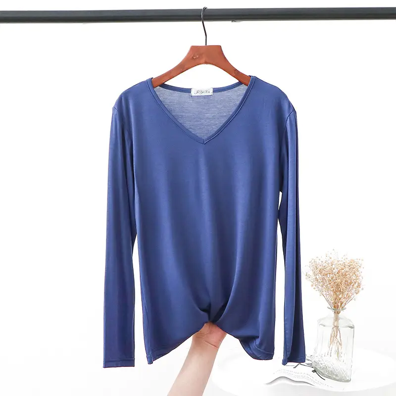 2021 V Neck Long Sleeve Blue T-Shirt Women