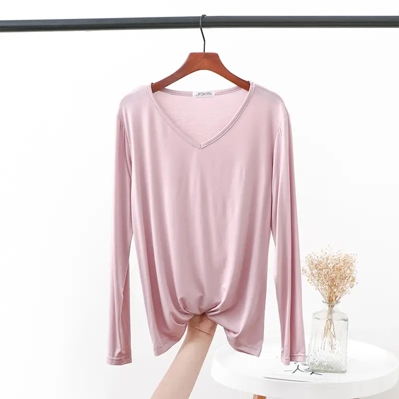 2021 V Neck Long Sleeve Blue T-Shirt Women