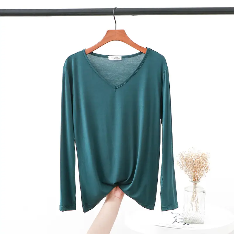 2021 V Neck Long Sleeve Blue T-Shirt Women