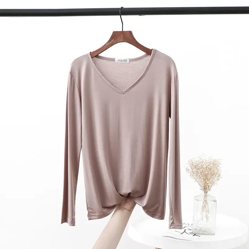 2021 V Neck Long Sleeve Blue T-Shirt Women