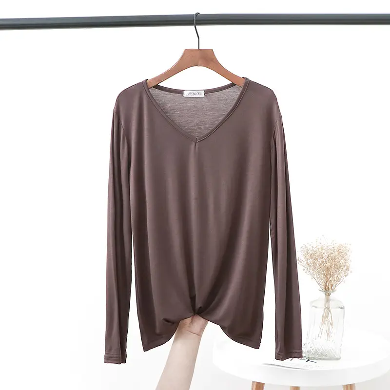 2021 V Neck Long Sleeve Blue T-Shirt Women