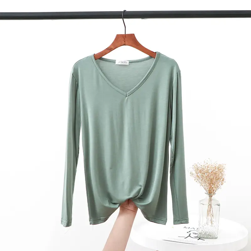 2021 V Neck Long Sleeve Blue T-Shirt Women