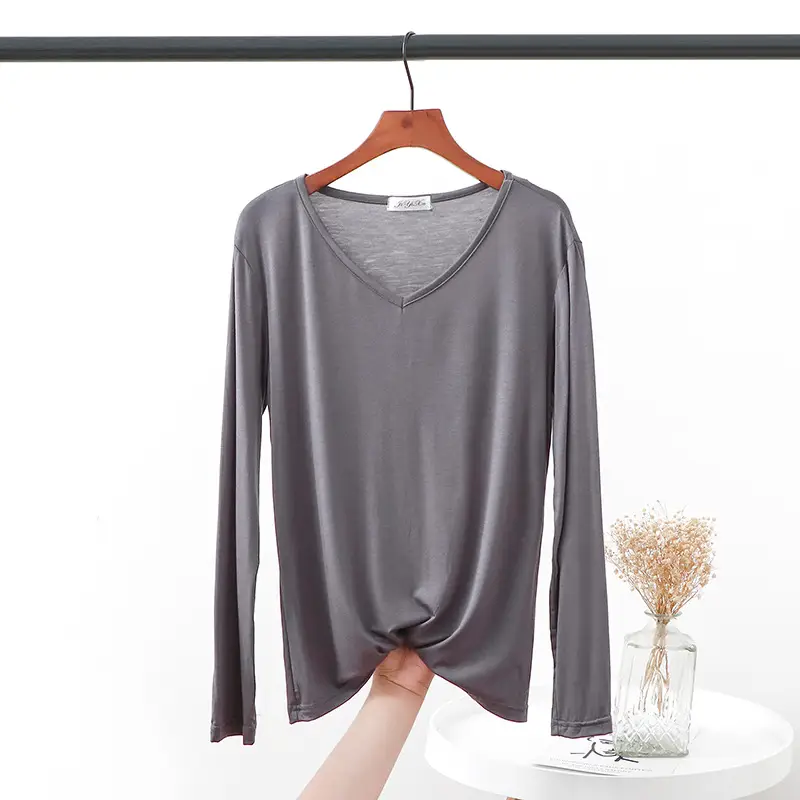 2021 V Neck Long Sleeve Blue T-Shirt Women