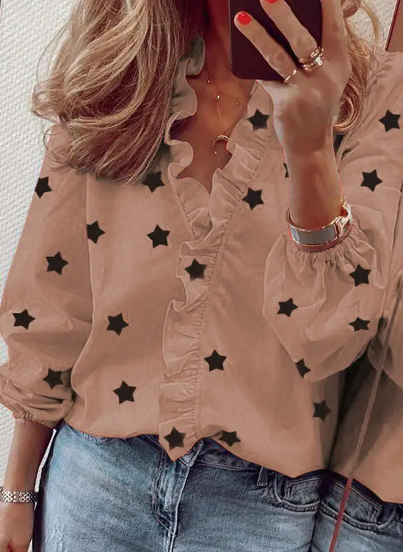 Blue Ruffled Star Long Sleeve V Neck Shirt for Women - Image 6