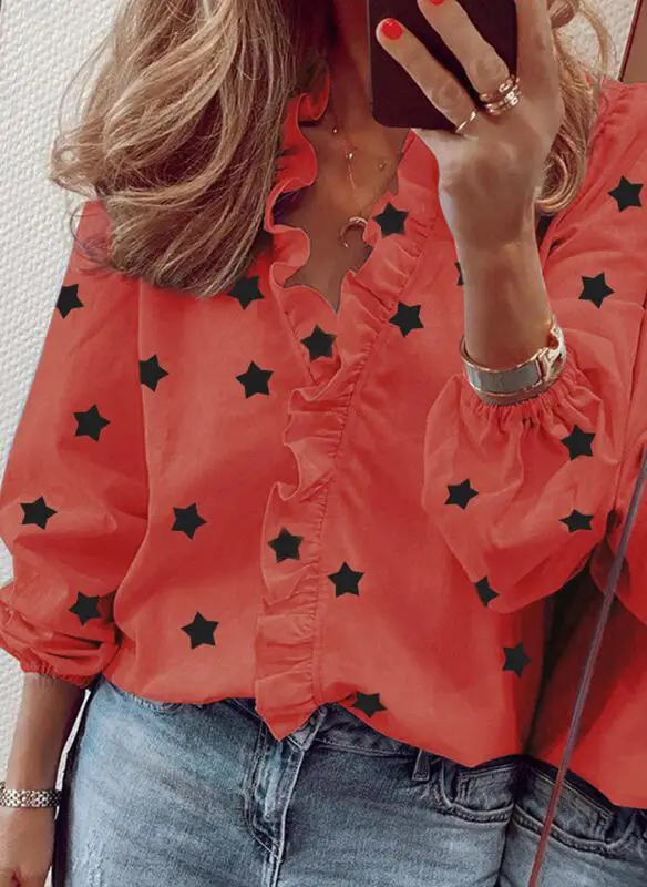 Blue Ruffled Star Long Sleeve V Neck Shirt for Women - Image 7