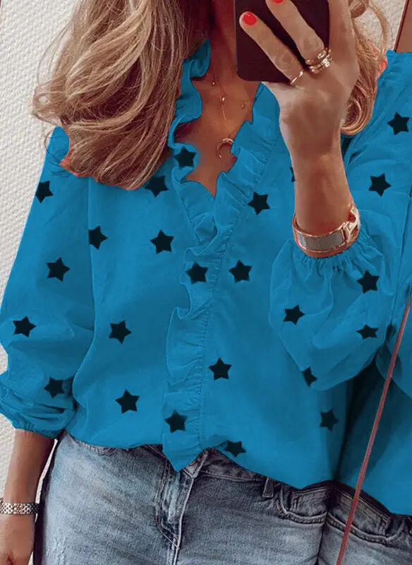 Blue Ruffled Star Long Sleeve V Neck Shirt for Women - Image 8