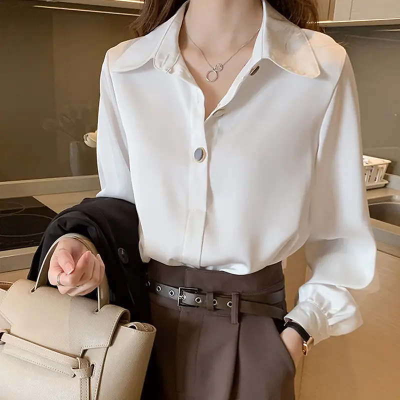 Spring Chiffon Long Sleeve Shirt White Button Down