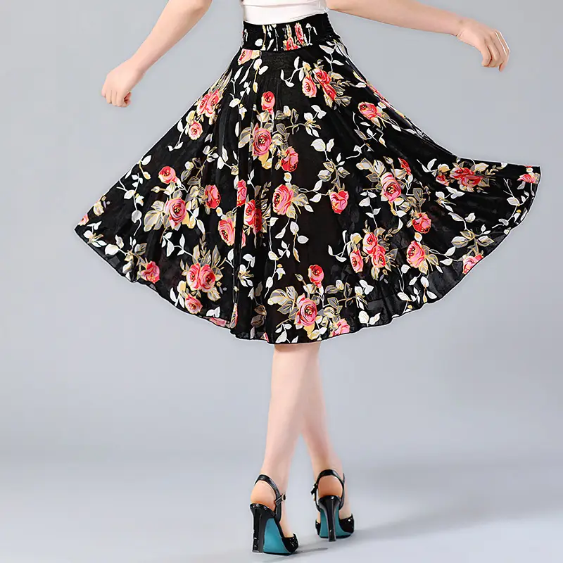 Black Floral Pleated Skirt for Women Summer Loose Large Size
