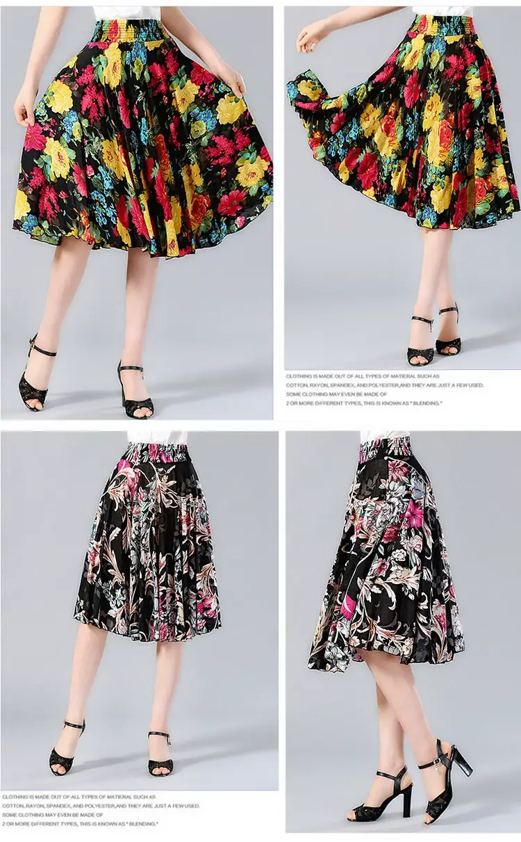 Black Floral Pleated Skirt for Women Summer Loose Large Size — feature 26