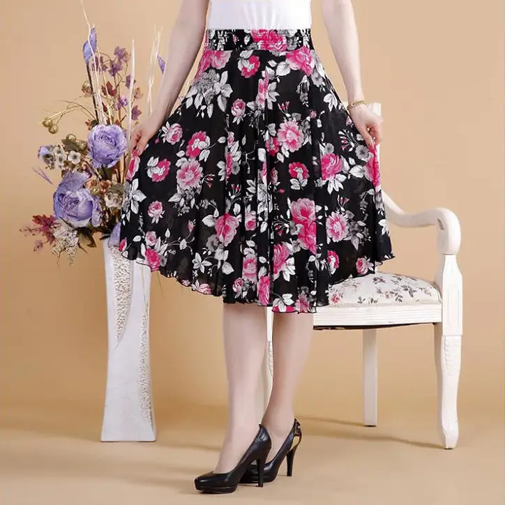 Black Floral Pleated Skirt for Women Summer Loose Large Size
