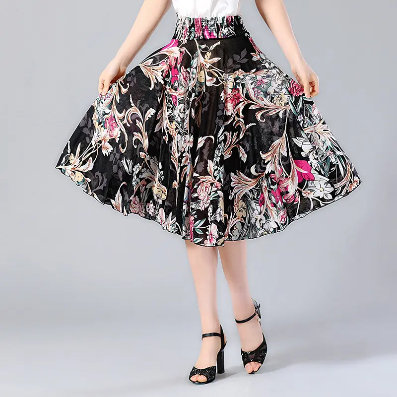 Black Floral Pleated Skirt for Women Summer Loose Large Size