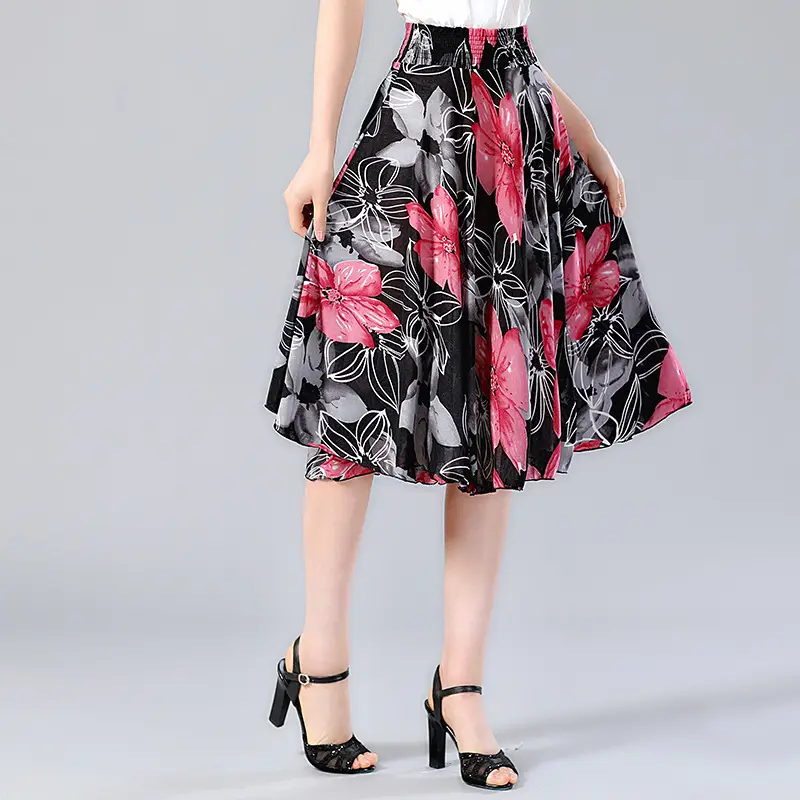 Black Floral Pleated Skirt for Women Summer Loose Large Size