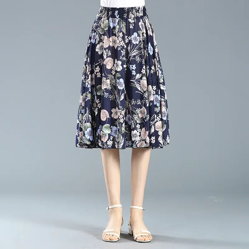 Black Floral Pleated Skirt for Women Summer Loose Large Size