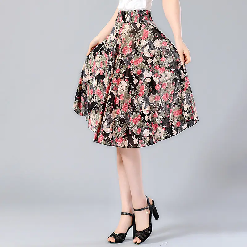 Black Floral Pleated Skirt for Women Summer Loose Large Size