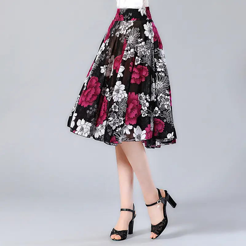 Black Floral Pleated Skirt for Women Summer Loose Large Size