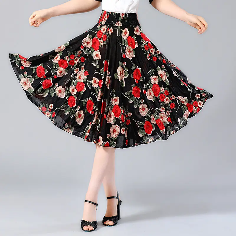 Black Floral Pleated Skirt for Women Summer Loose Large Size