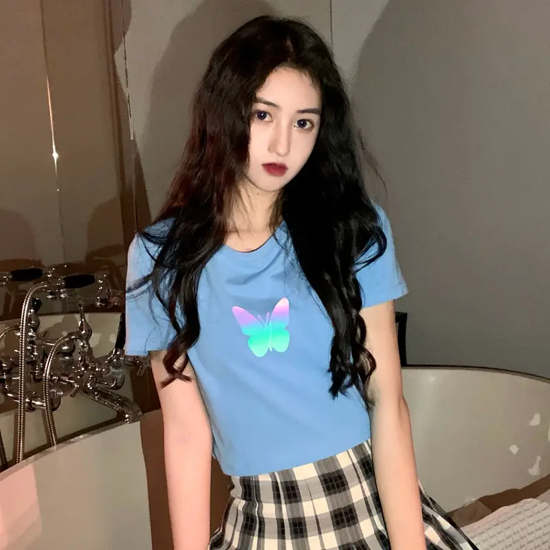 Women Reflective Butterfly Short Sleeve T-Shirt Blue