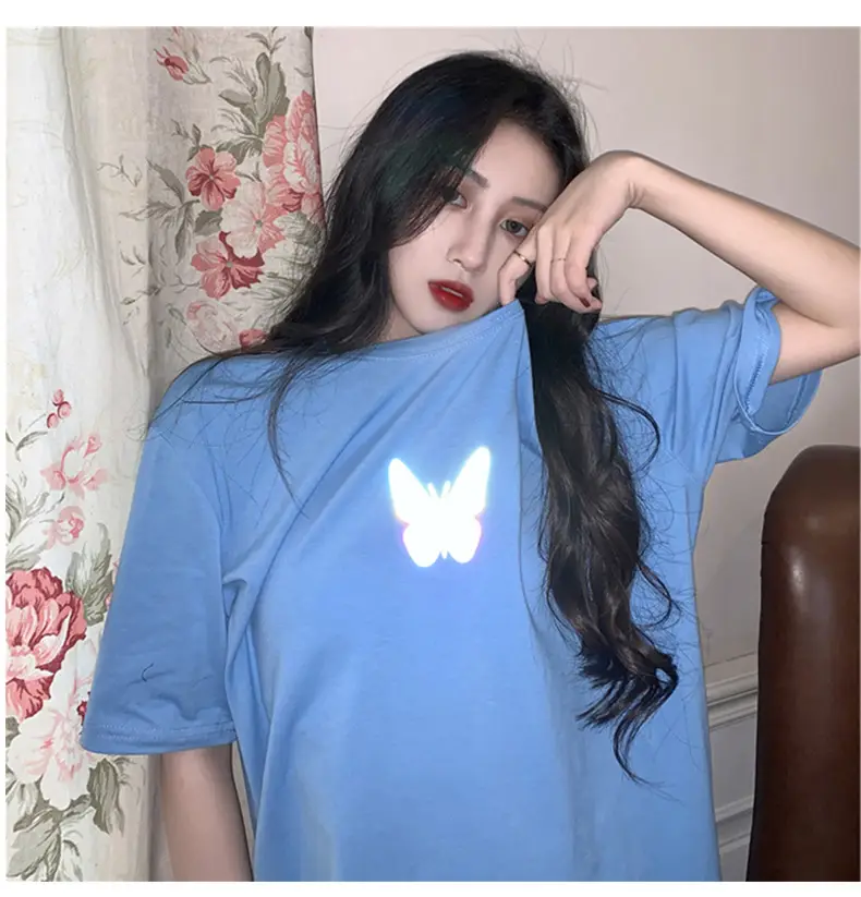 Women Reflective Butterfly Short Sleeve T-Shirt Blue — feature 22