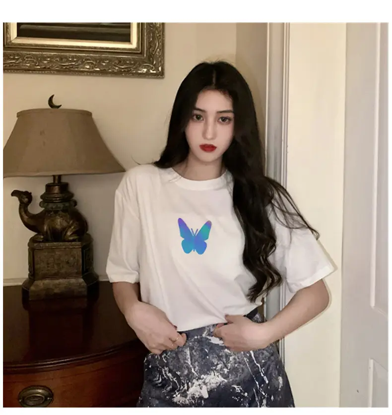 Women Reflective Butterfly Short Sleeve T-Shirt Blue — feature 24