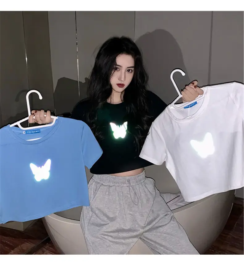 Women Reflective Butterfly Short Sleeve T-Shirt Blue — feature 8