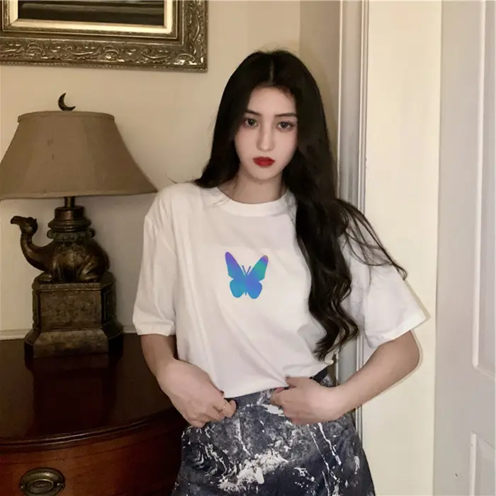 Women Reflective Butterfly Short Sleeve T-Shirt Blue