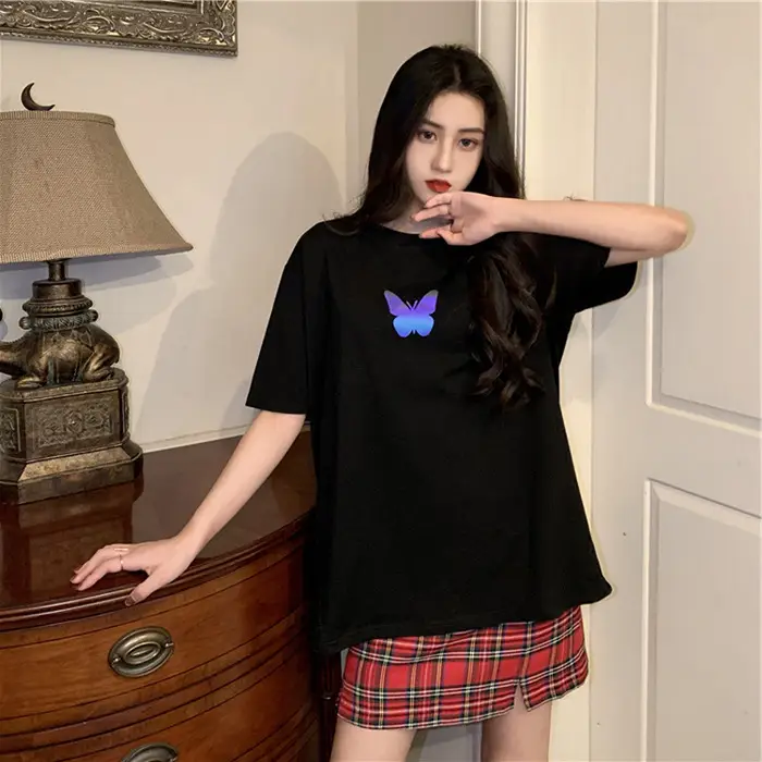 Women Reflective Butterfly Short Sleeve T-Shirt Blue