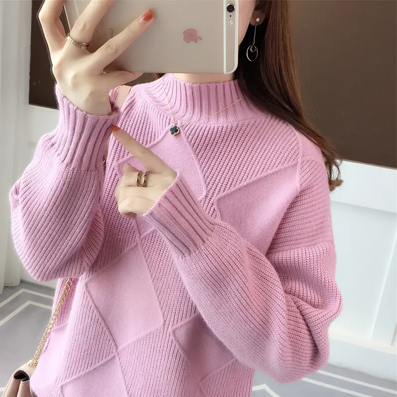 Women's Purple Knitted Half-Turtleneck Sweater Early Autumn 2025