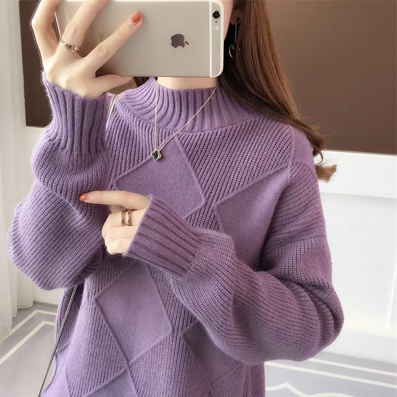Women's Purple Knitted Half-Turtleneck Sweater Early Autumn 2025