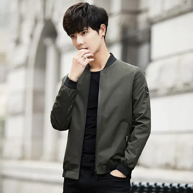 Men's Slim Fit Baseball Collar Jacket Olive Green - Image 4