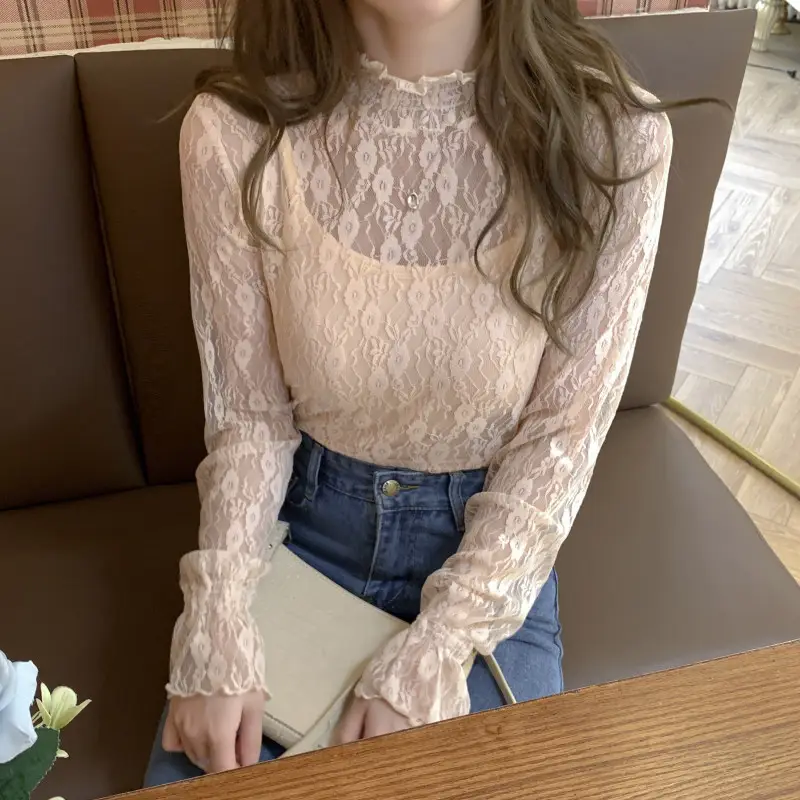 Women Lace Half Turtleneck Shirt with Polka Dot Design