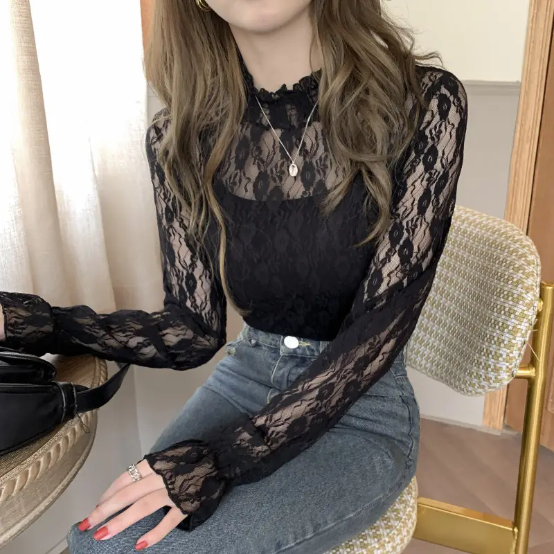Women Lace Half Turtleneck Shirt with Polka Dot Design