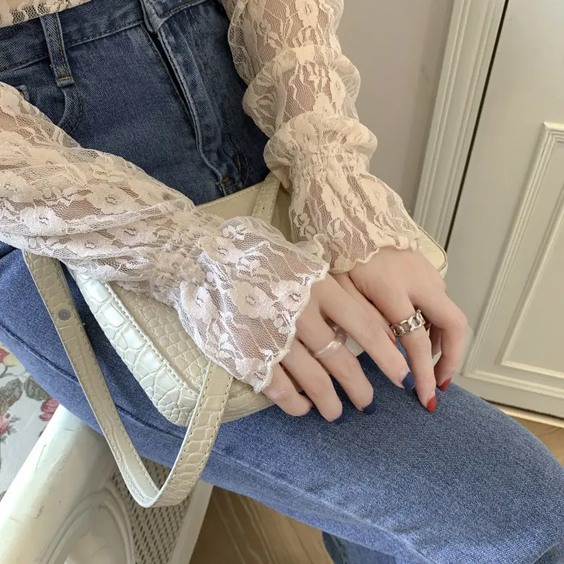 Women Lace Half Turtleneck Shirt with Polka Dot Design