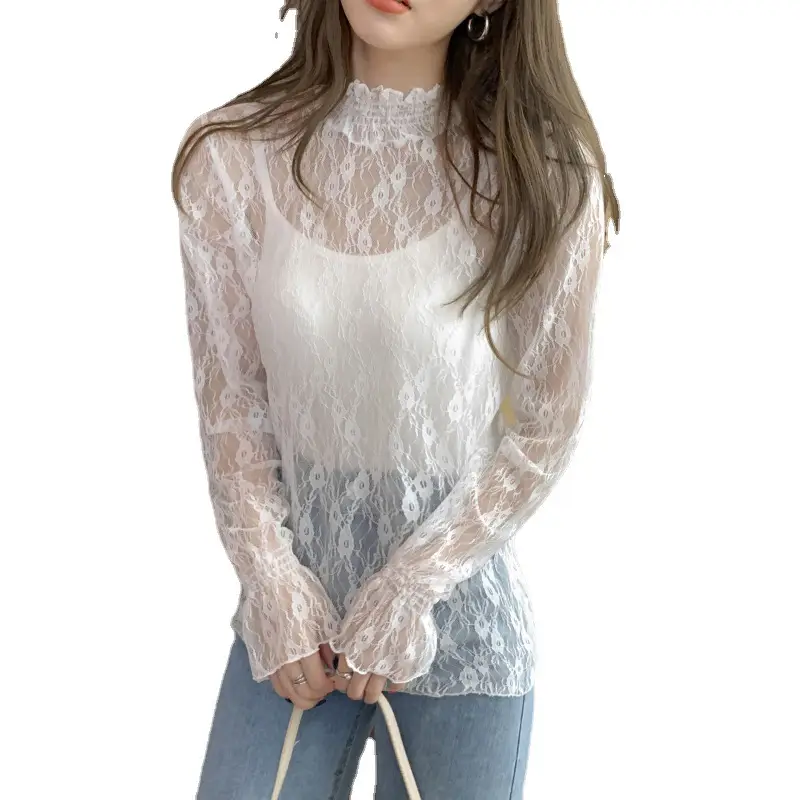 Women Lace Half Turtleneck Shirt with Polka Dot Design