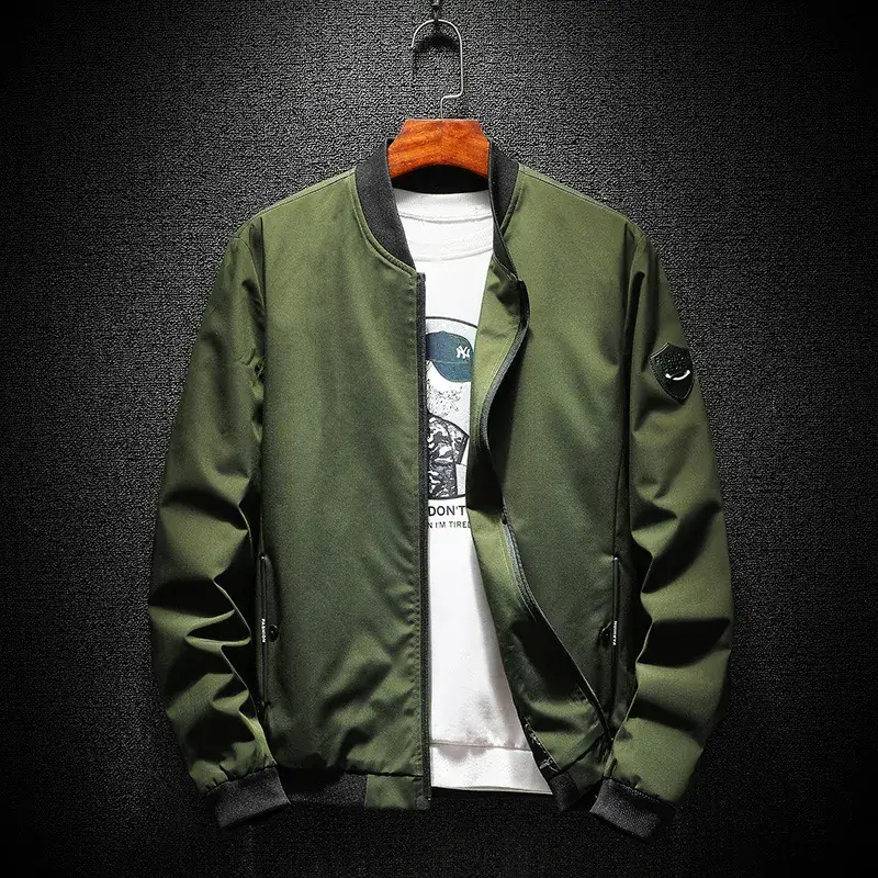 Men's Green Baseball Collar Jacket Solid Color Youth Casual Coat - Image 4