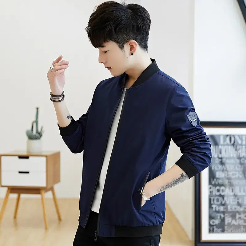 Men's Navy Blue Baseball Collar Jacket with Patch