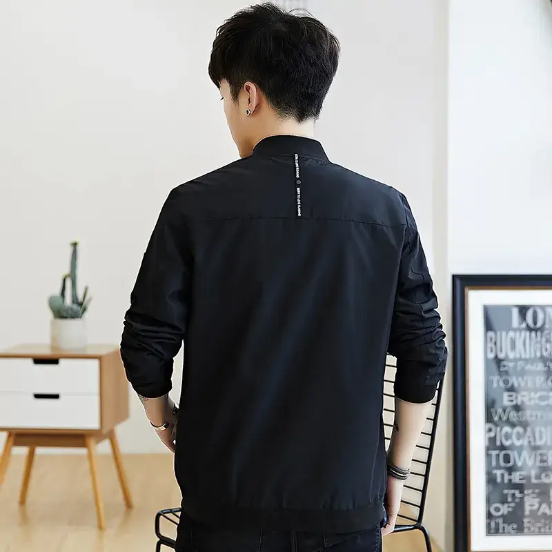 Men's Navy Blue Baseball Collar Jacket with Patch