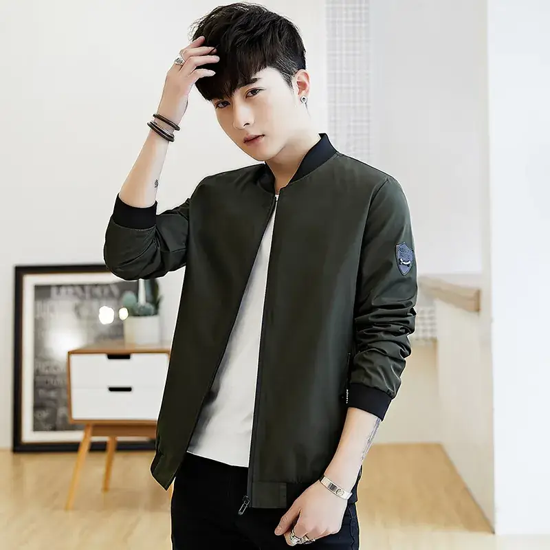 Men's Navy Blue Baseball Collar Jacket with Patch