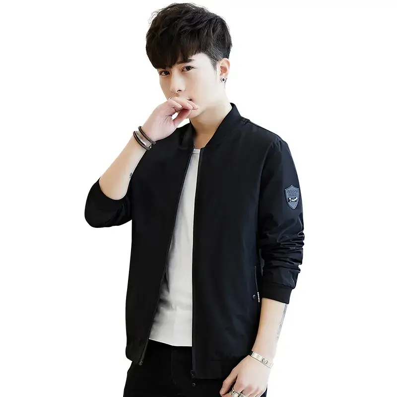 Men's Navy Blue Baseball Collar Jacket with Patch