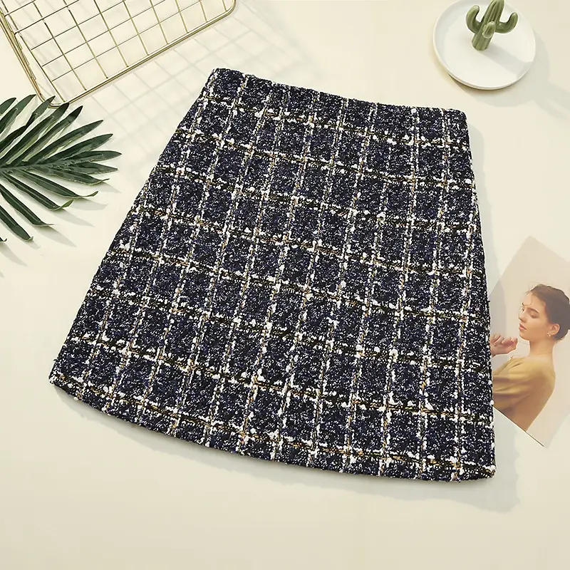 Korean Tweed Plaid Skirt High Waist Slimming - Image 4