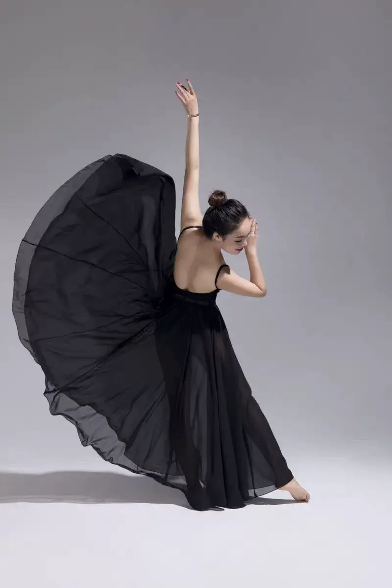 Elegant Classical Dance Suit Women Black Large Swing Skirt — feature 46