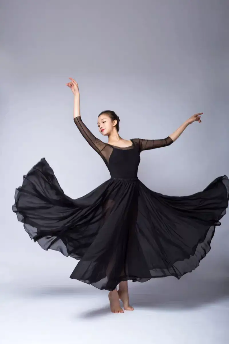 Elegant Classical Dance Suit Women Black Large Swing Skirt — feature 48